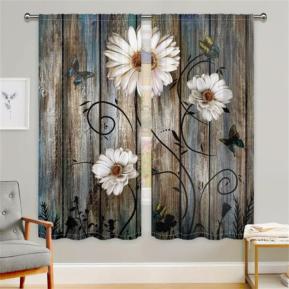 2Pcs Rustic Floral Curtains Vintage Wood Grain Daisy Butterfly Pattern Living Room Bedroom Balcony Sunshade Decor Curtains