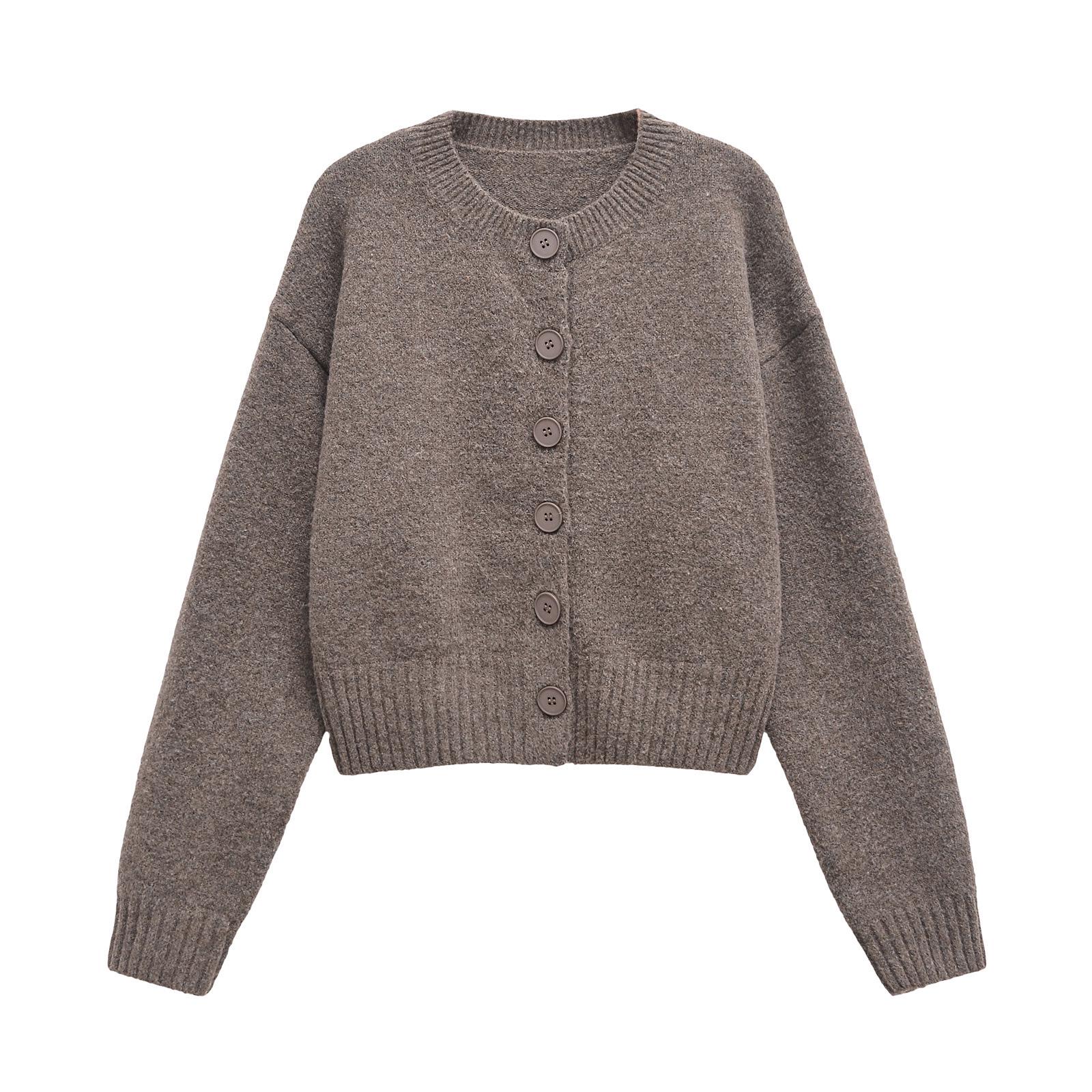 

Женский вязаный кардиган однотонного цвета с круглым вырезом, осень/зима 2024 Small хаки