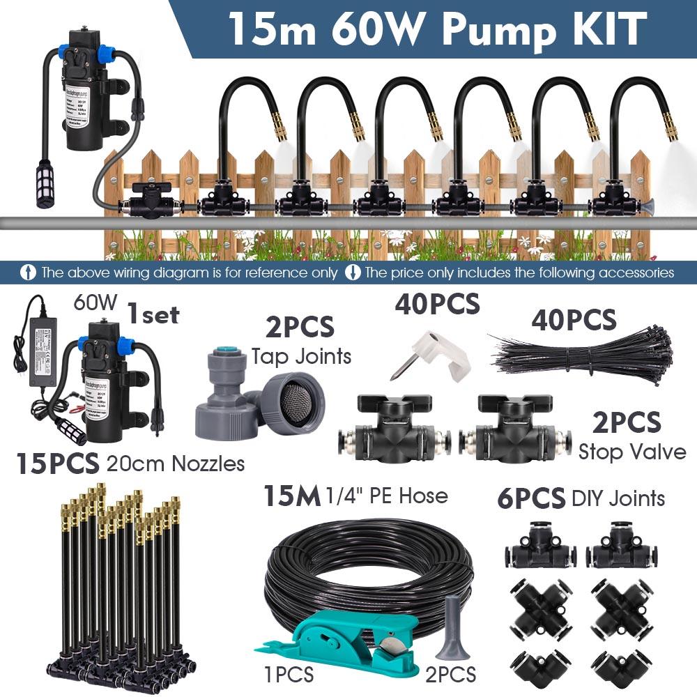 60w Self-priming Pump Garden Misting Cooling System 360° Free-bend Misting Nozzle Adjustable Fine Atomizer for Outdoor Watering