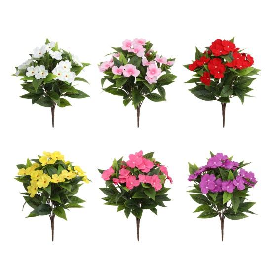 8 Bundles Artificial Impatiens Flowers for Outdoors UV Resistant Faux Impatiens Bushes Fake Silk Shrubs with Stake for Outside Front Porch Garden