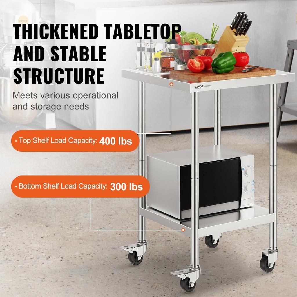 Stainless Steel Work Table Commercial Prep Table 24x24 Inch With 4 Casters