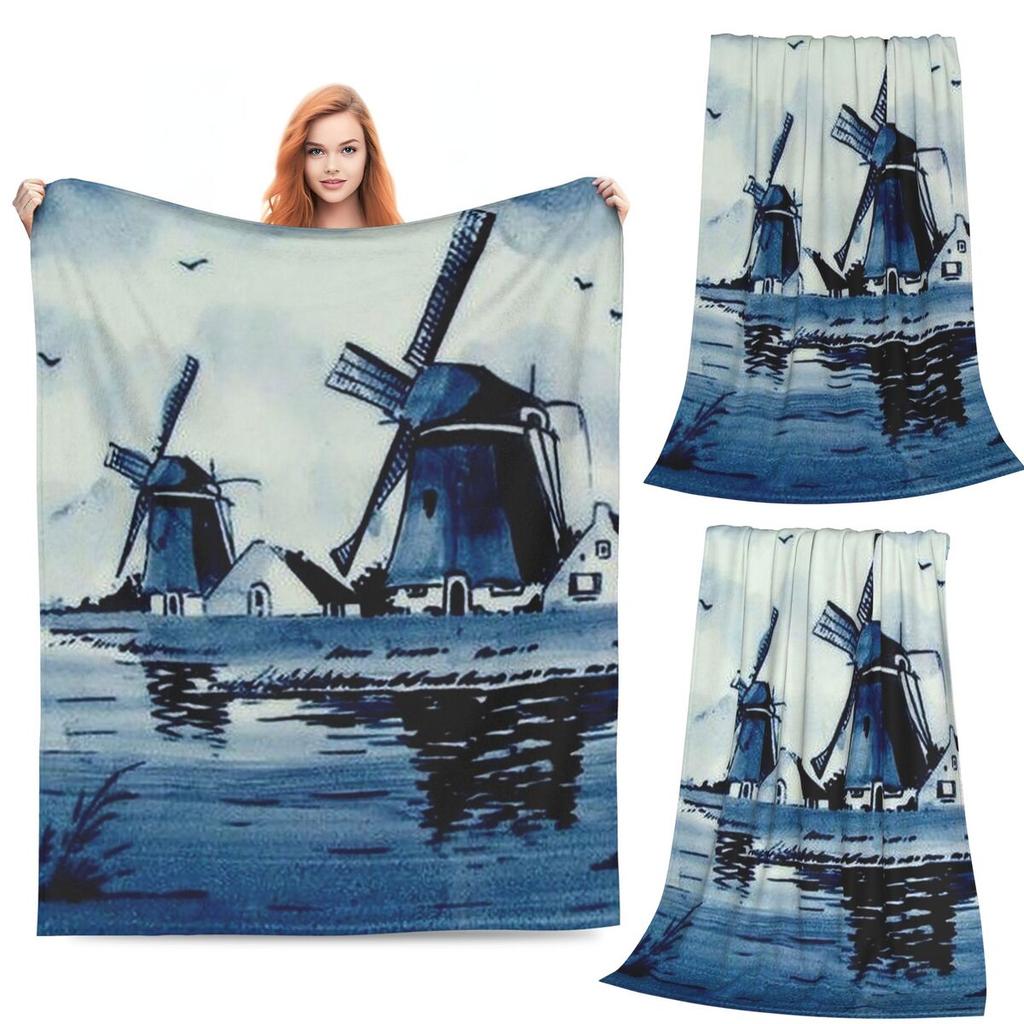 Dutch Blue Delft Vintage Windmill Blanket Fleece Sofa Throw Blanket Breathable for Couch Bedding Office Throws Bedspread Quilt