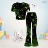 Girls Navy Blue Round Neck Short Sleeve Printed Top Flared Pants Two Piece Set
