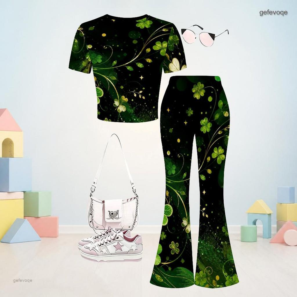 Girls Navy Blue Round Neck Short Sleeve Printed Top Flared Pants Two Piece Set