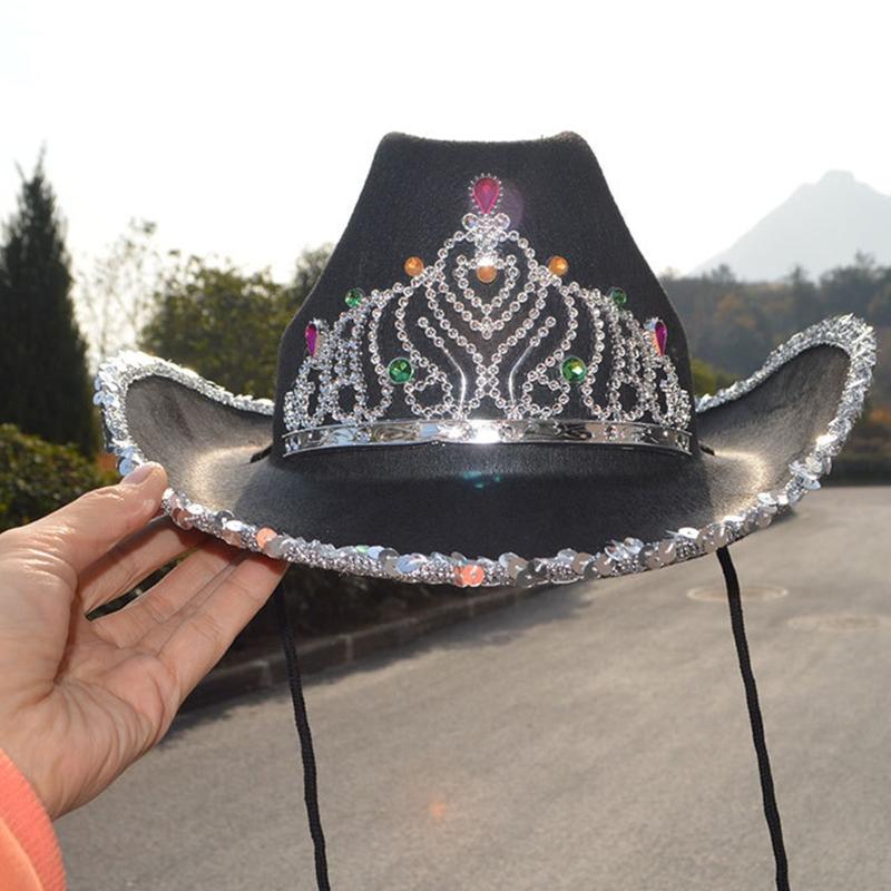 Vintage Prom Party Sequin Crown Cowboy Hat Christmas Hat Big Brim Hat Jazz Top Hat Costumes for Fancy Dress Parties