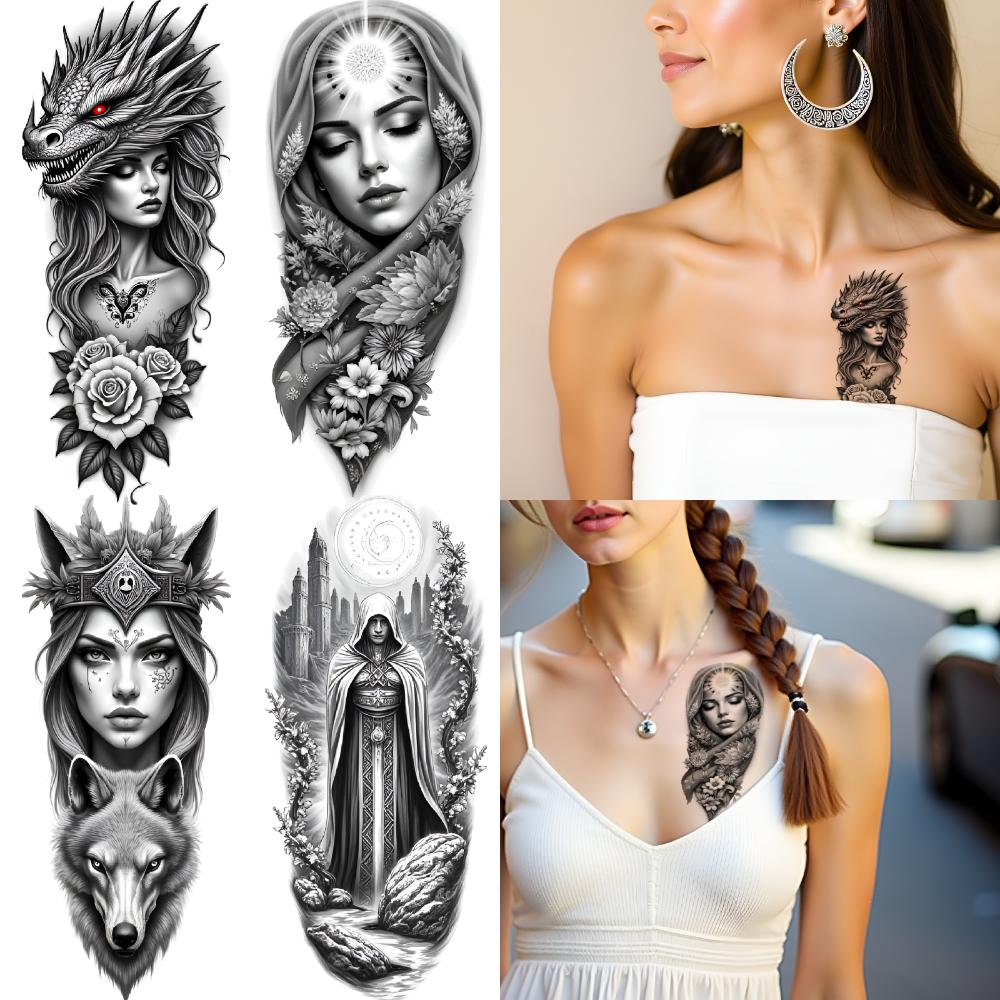 3pcs Temporary Tattoo Fantasy Tattoos Waterproof Long-lasting Body Stickers Warrior Tattoos Black And Grey Realism For Arms