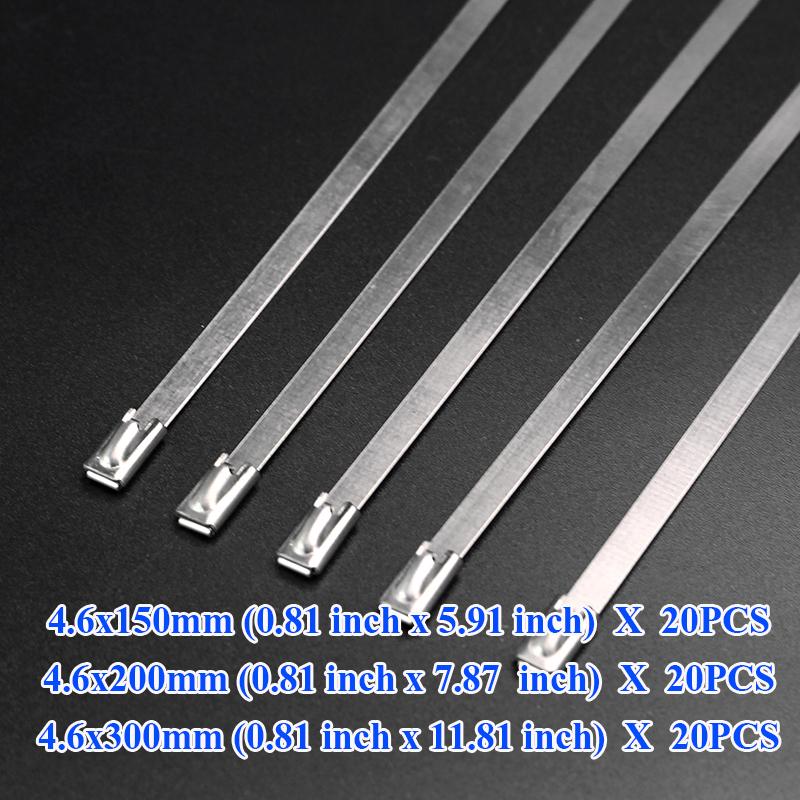 20 stk rustfritt stål buntebånd Lengde 150/200/300 mm eksosbinder Selvlåsende kabelglidebånd Multifunksjons metalllåsebånd