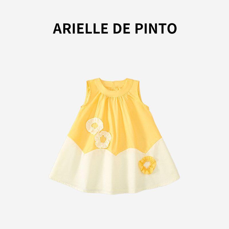 French Arielle De Pinto Girls  Dress Summer Sweet Three-Dimensional Flower Color-Blocking Dress Yellow 100