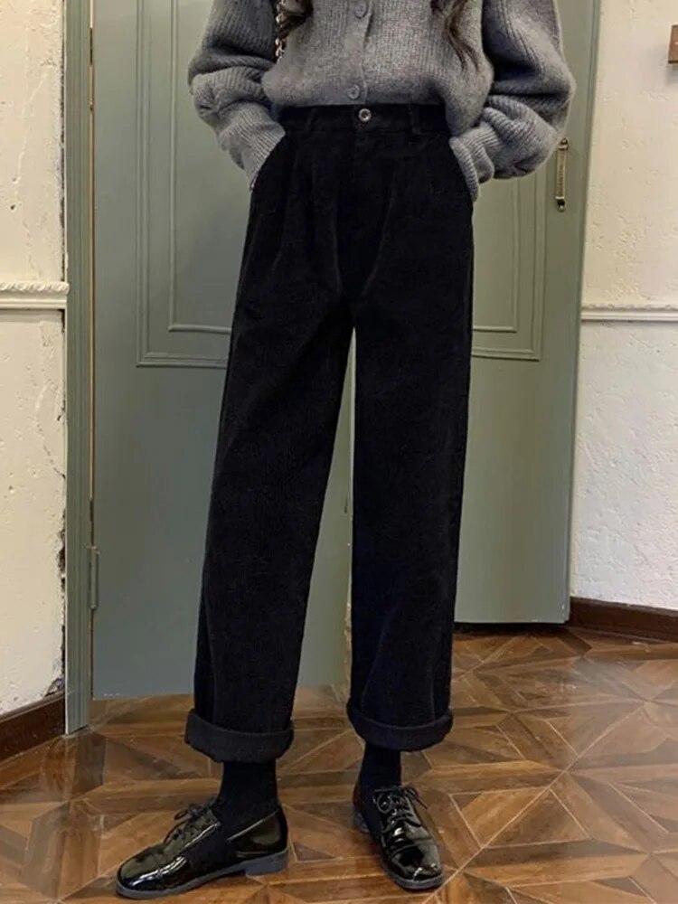 Pantalones casuales de estilo coreano con bolsillos y todo a juego para mujer, pantalones de pana vintage, pantalones rectos de cintura alta para primavera