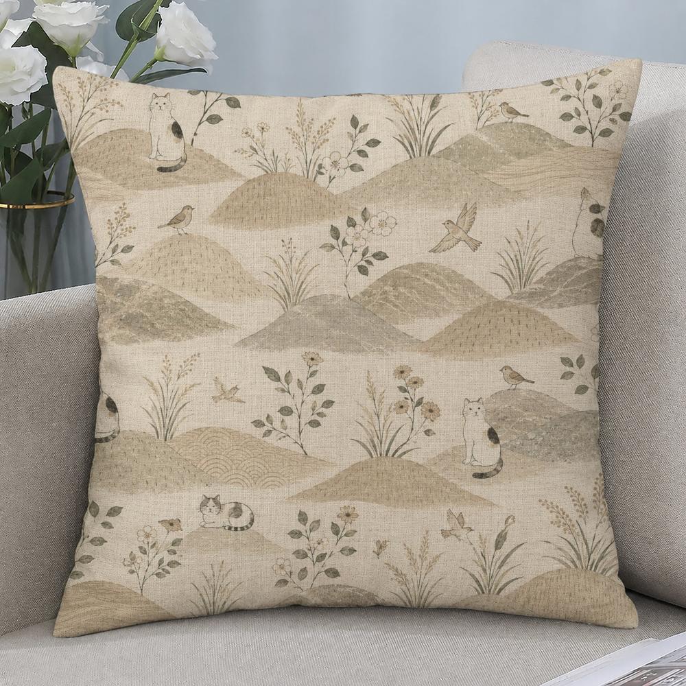 Style Japanese Natural Handdrawn Cushion Cover Cushion Covers Natural Linen Breathable Sofa Bedroom Decor Pillowcase