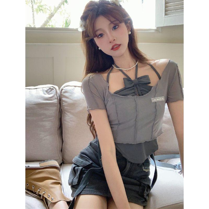 

Большой размер Полная девушка Чистое желание Сексуальный асимметричный топ-халтер на бретелях-спагетти Женский летний сексуальный короткий модный топ, визуально стройнящий Two-piece set 4XL