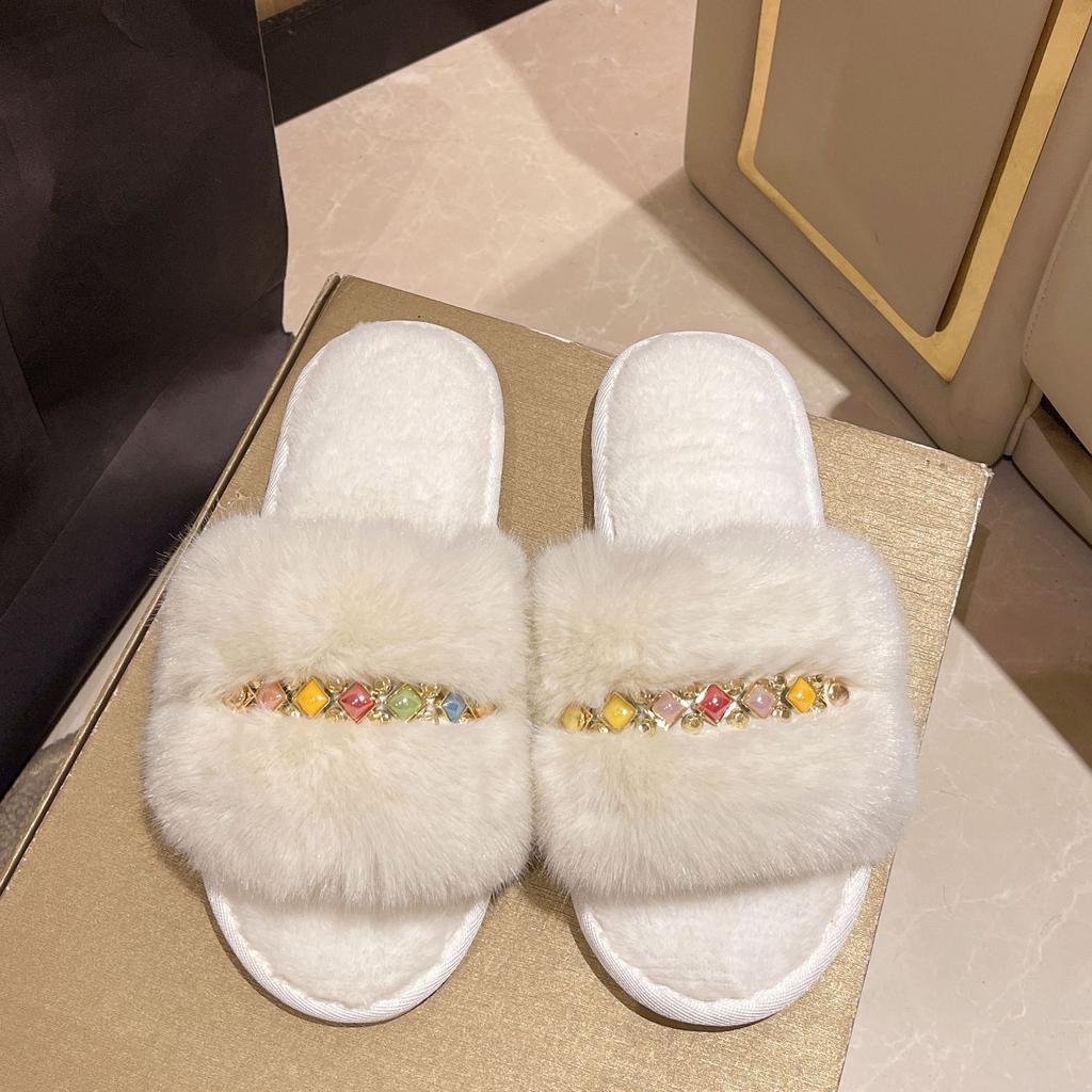 Comemore Plush Slippers Women Soft Black Faux Fur House Cotton Slides Woman Indoor Casual Flat Heel Fur Slippers Women Shoes