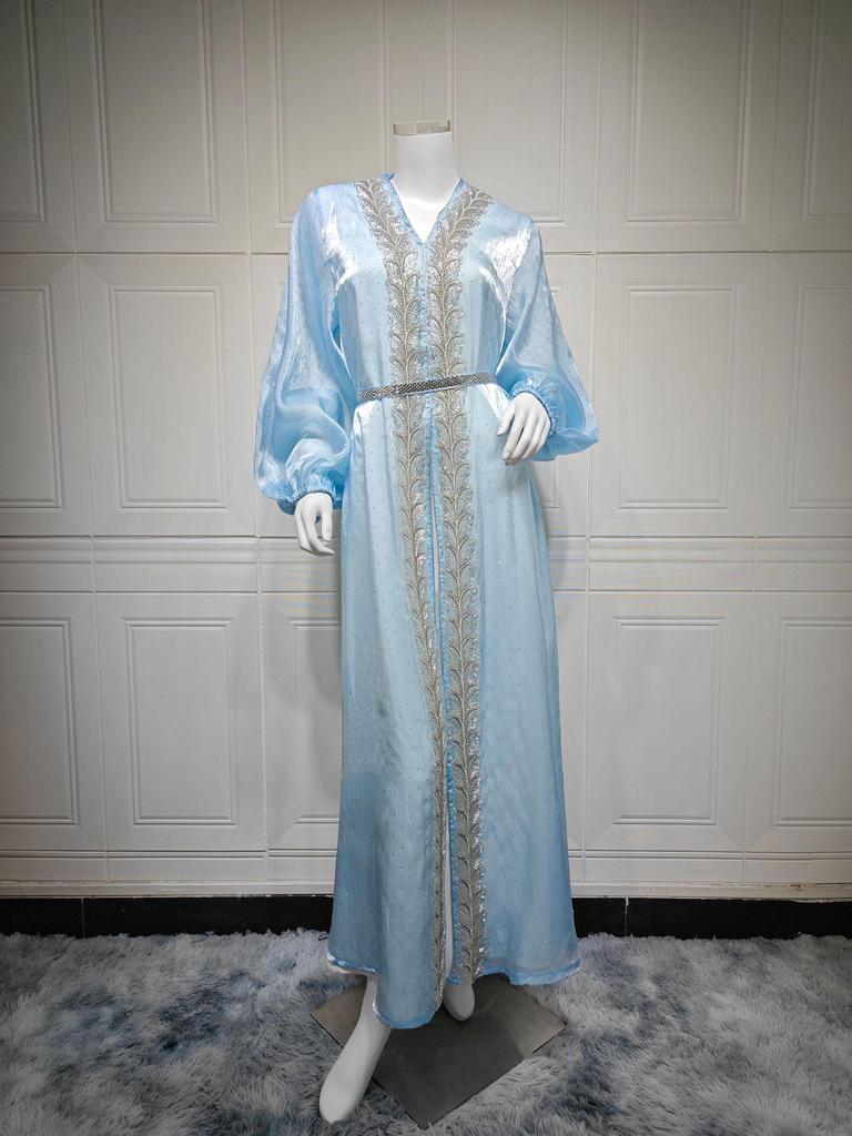 AB453 Puff Sleeve Cardigan: Elegant Long Dress & Robe Set with Hot Drill Accents