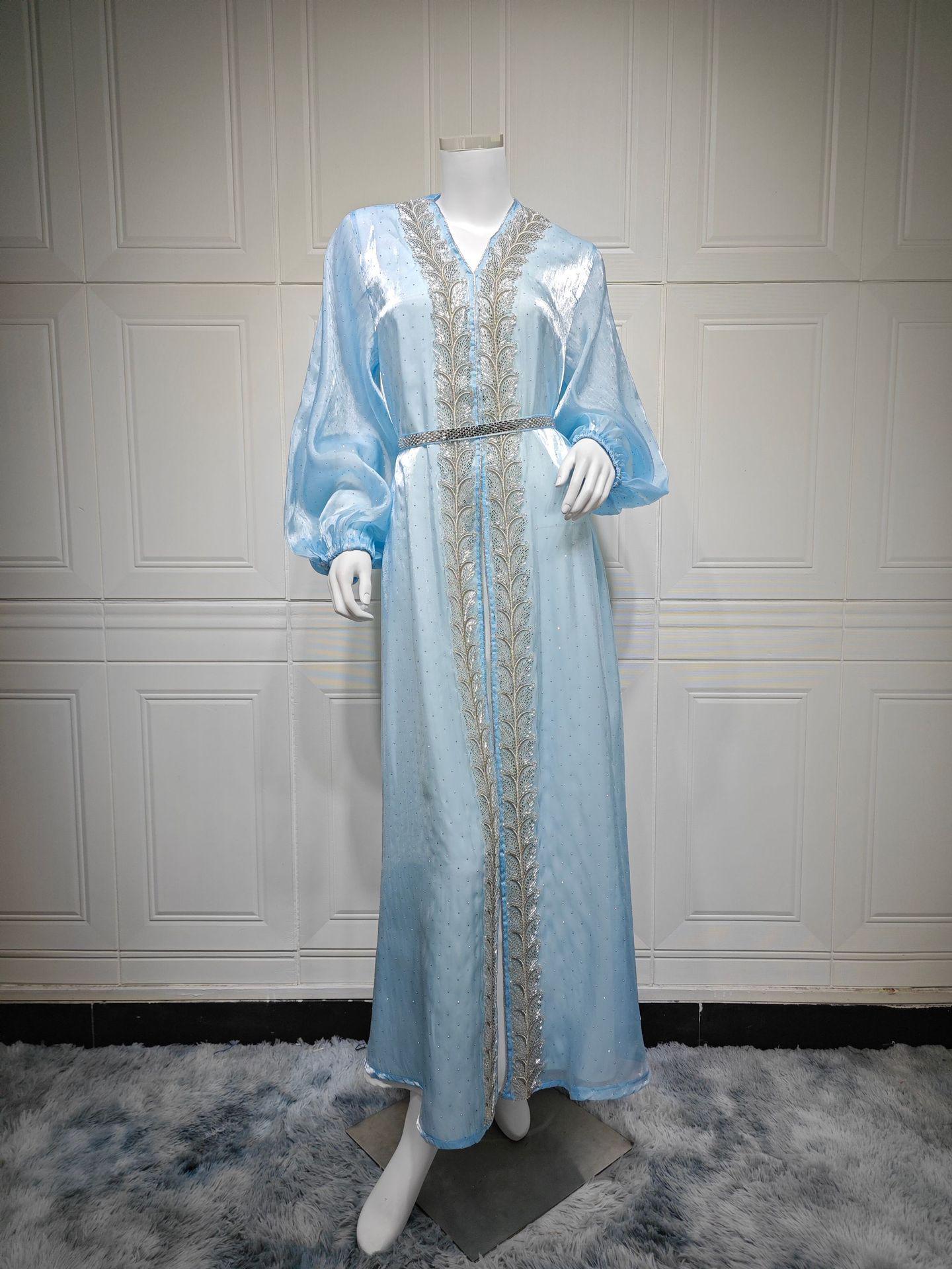 

AB453 Кардиган с рукавами-буфами: Элегантный комплект длинного платья и халата с отделкой горячей фиксацией Small небесно-голубой