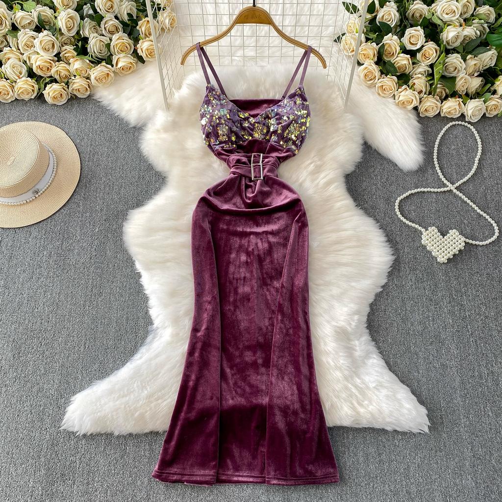 Summer Women Vintage Spaghetti Strap Sequined Velvet Long Midi Slim Bodycon Party Fishtail Dresses