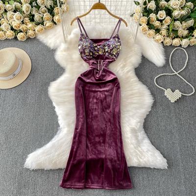 Verão Mulheres Vintage Alça Espaguete Paetês Veludo Longo Midi Justo Festa Cauda de Peixe Vestidos