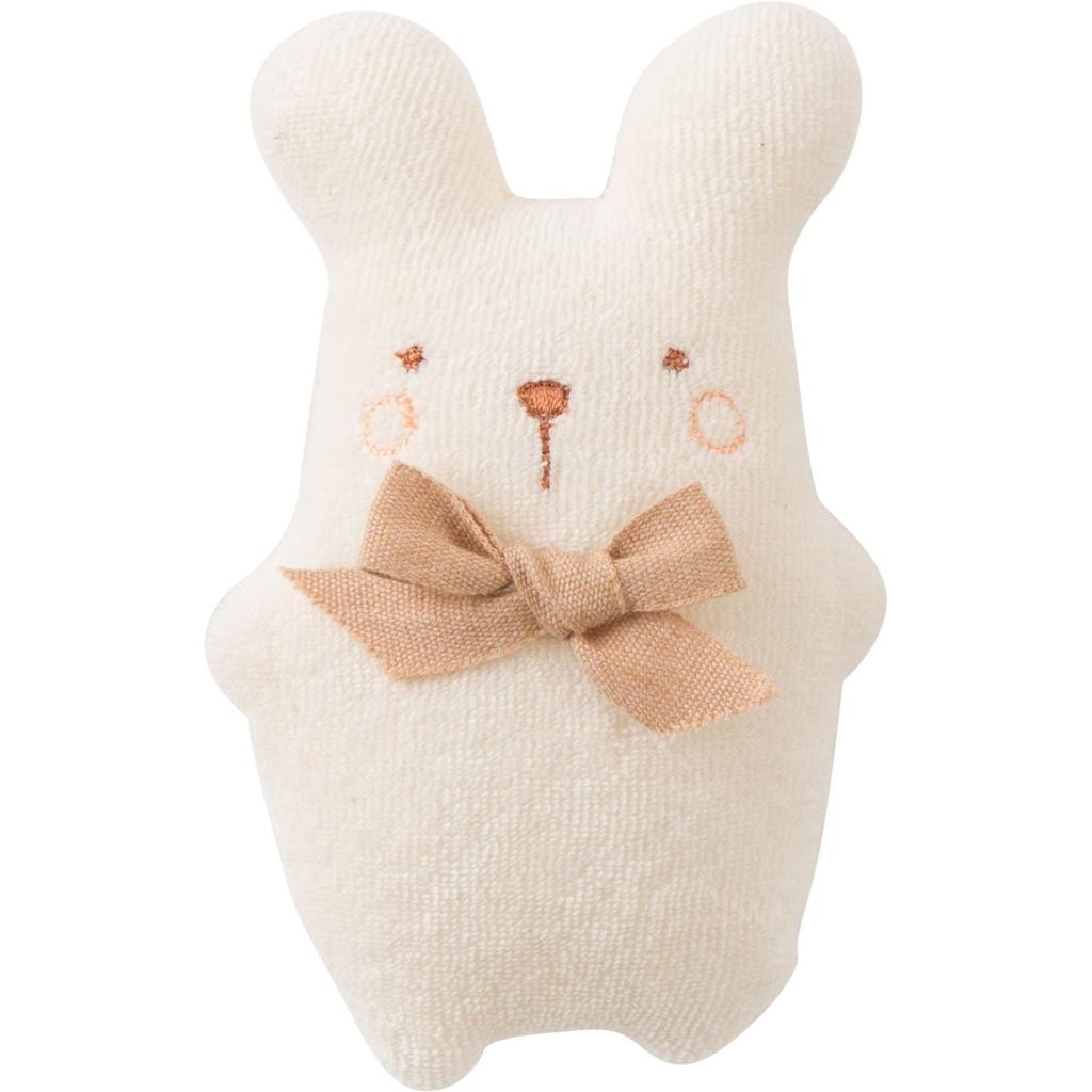 Made in Japan, cotton rattle for newborns, featuring a smiling animal with a bell inside. Amorosa Mamma brand. Perfect as a baby toy, plush toy, or