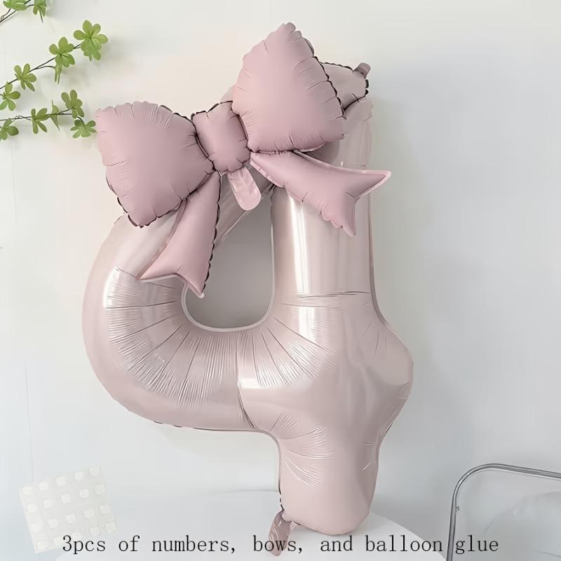 Complete Party Decor Set 3pcs - Light Pink Number Balloon, Bow & Stickers for Birthday, Anniversary & Festival Backdrop