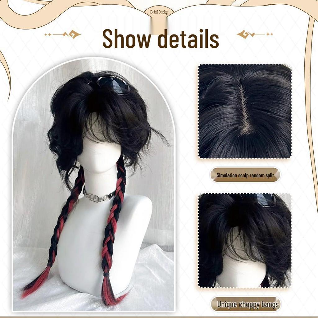 Μακριά περούκα με μαύρες και κόκκινες ανταύγειες - Κυματιστές μπούκλες στυλ μέδουσας για γυναίκες