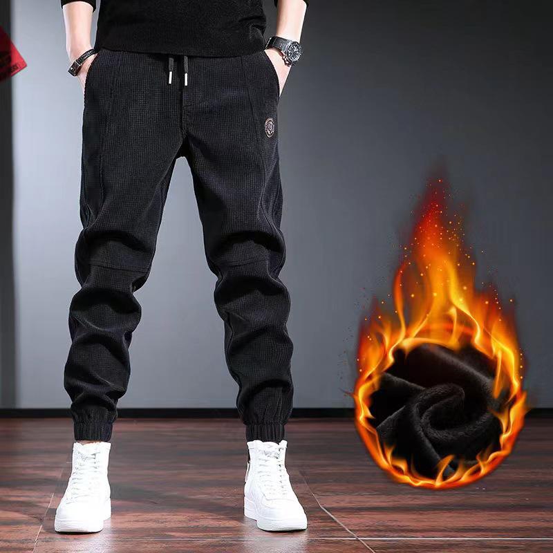 Herre Svart Kordfløyel Pluss Fløyel Fortykket Avsmalnende Hverdagsbukser for Høst og Vinter.