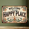 "Welcome To Our Happy Place" Vintage Aluminum Sign 8x12" | Floral Border Wall Art | Garden/Entryway Holiday Decor