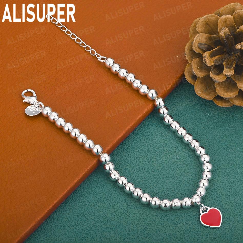 925 Sterling Silver 6mm Red Heart Bead Bracelet - Exquisite Gift Jewelry 20cm