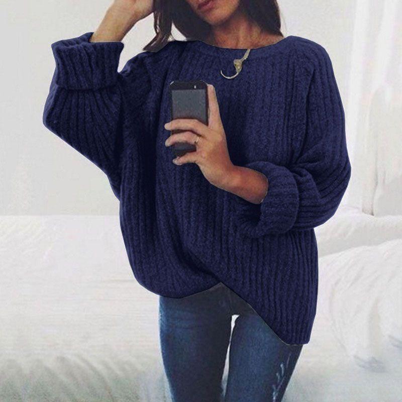 Accogliente Maglione Pullover Autunnale e Invernale a Manica Lunga con Scollo Rotondo in tinta unita