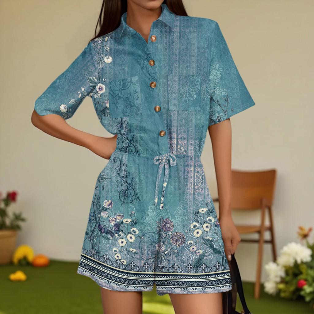 Damenmode V-Ausschnitt Jumpsuit Karomuster Lässig Kurzarm Top Jumpsuit