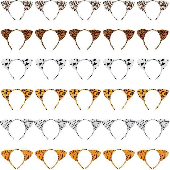 Kigeli 30 Pcs Jungle Animal Safari Ears Headbands for Kids Hair Hoops Photo Booth Props Wild One Birthday Halloween Favors Jungle Animal
