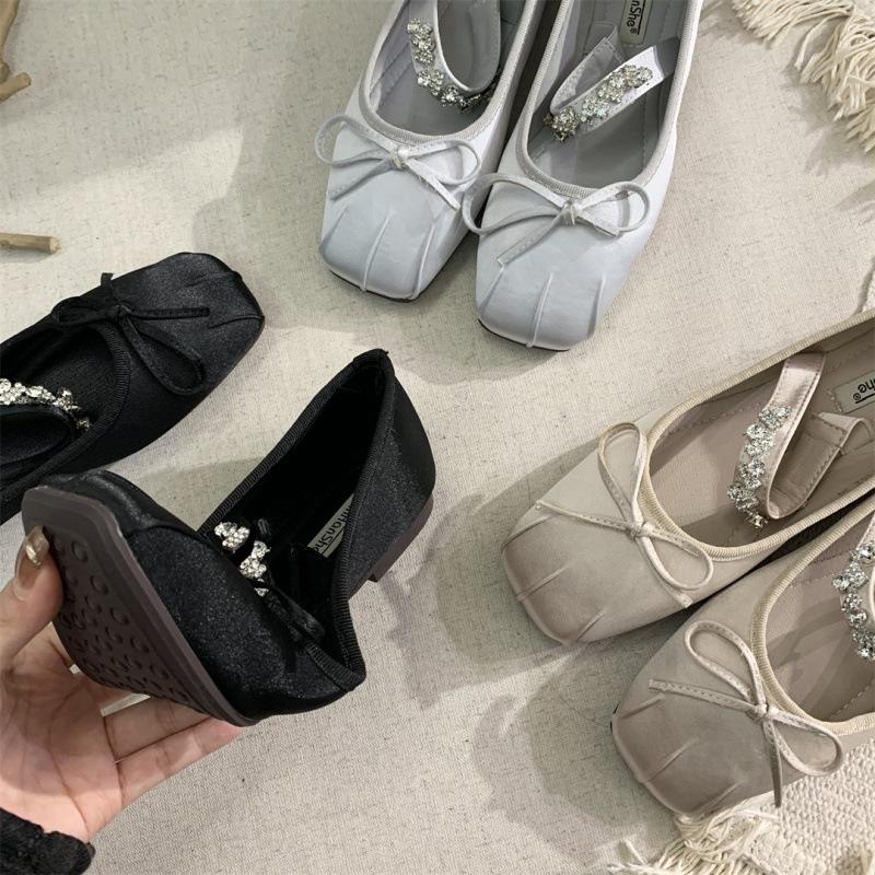 2025 spring and autumn new fairy style bow French single shoes one word rhinestone flat Mary Jane shoes women's shoes