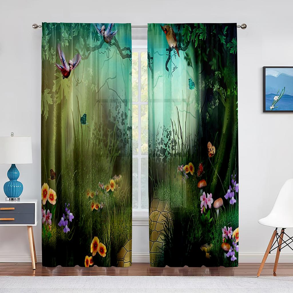 Fantazyjny Czarodziejski Zielony Las Przezroczysty Woalowy Zasłona Grzybowo-Kwiatowy Tiulowe Zasłony Okienne do Dekoracji Salonu Sypialni Kuchni