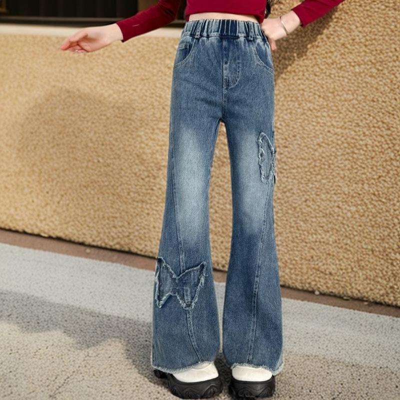 Девочки Широкие джинсы Свободные брюки Весна Осень Подростки Повседневные брюки Детская мода Прямые джинсовые длинные брюки Детская одежда 110