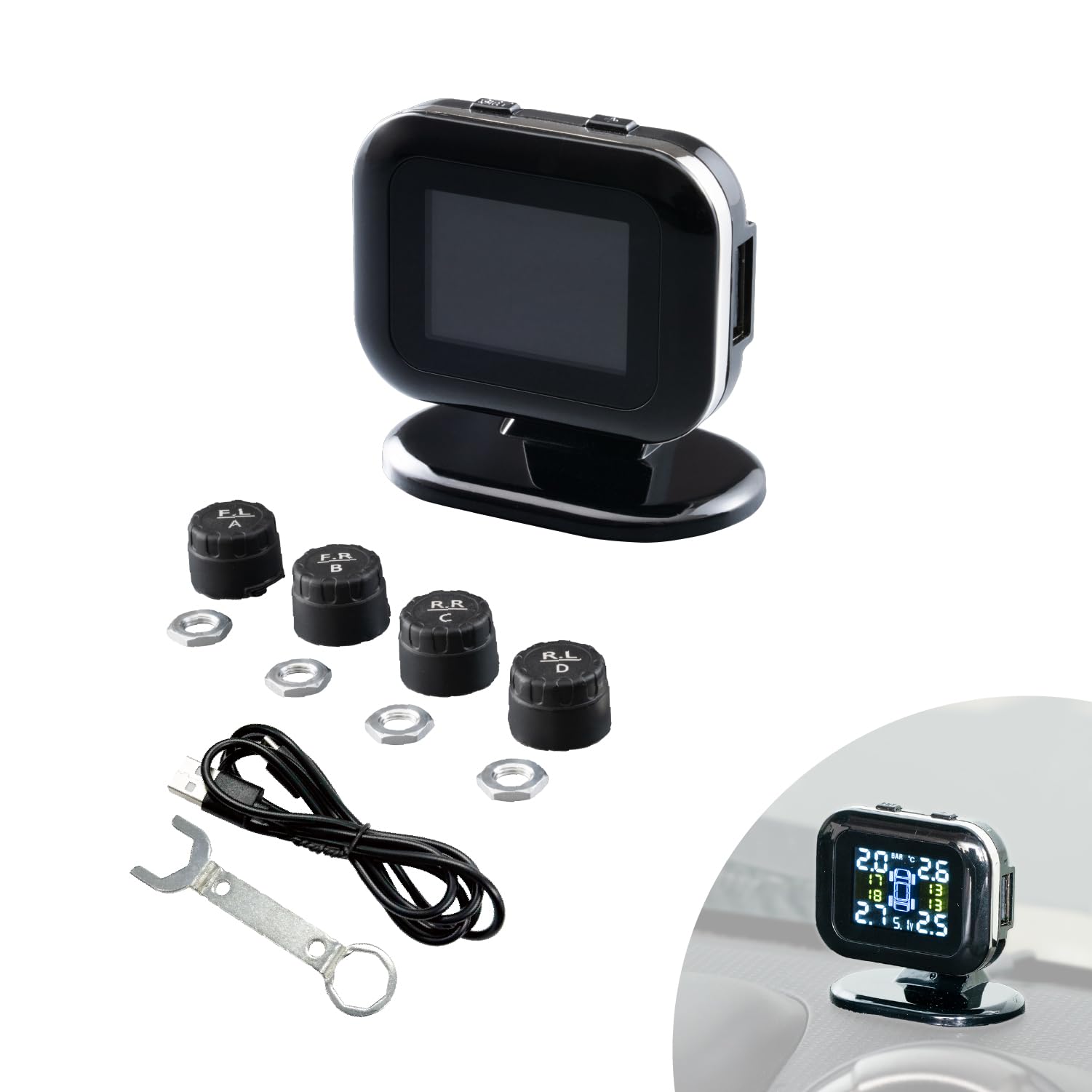 

SEIWA IMP396 Tire Pressure Monitor: Real-time pressure sensor, USB powered, displays tire pressure and temperature with sound notification, easy insta