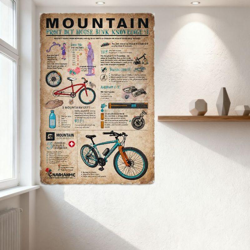 Vintage Mountain Bike Infographic Metal Tin Sign, 5 Mountain Bike Facts, Bicycle Components & Safety Knowledge, Retro Aged Paper