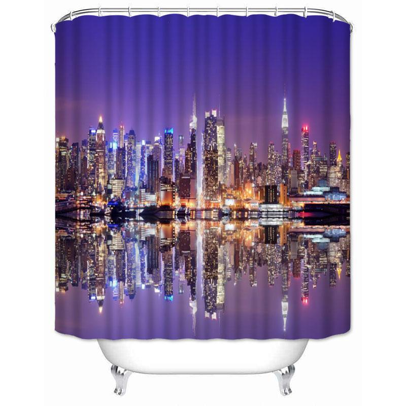 New York City Skyline Building Night View Shower Curtain Modern Bathroom Curtain Polyester Fabric Bath Curtain With Hooks
