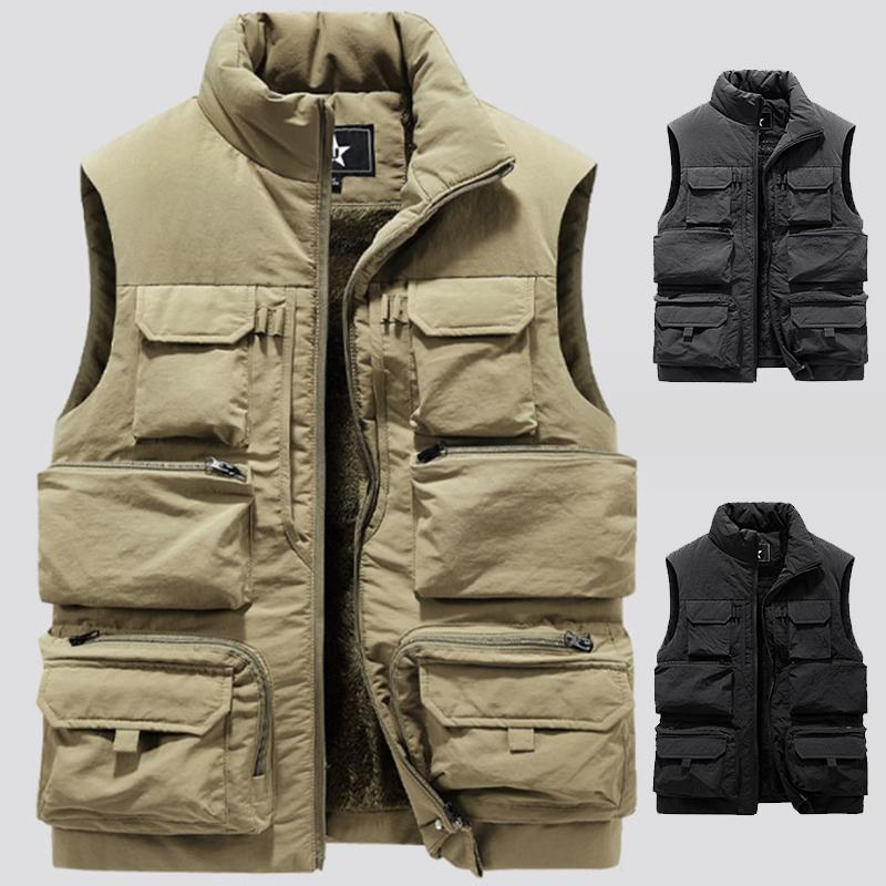 Fashion Men Cargo Vest Winter Thick Fleece Warm Sleeveless Sport Jacket Solid Color Coat Men Pockets Work Waistcoat