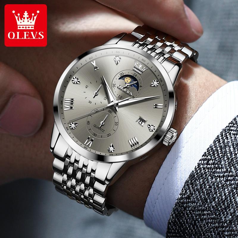 OLEVS Herrenuhren Top-Marke Mode Original Quarzuhr für Mann Wasserdicht Leuchtend Mondphase Datum Chronograph Armbanduhr