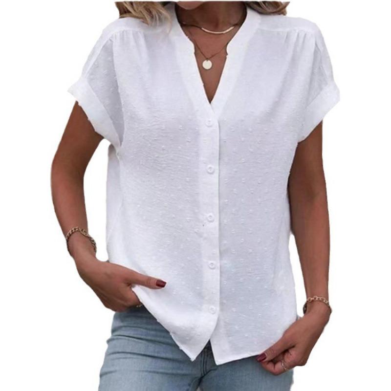 Summer Short Sleeve Office Loose Women Shirts Solid Color Jacquard V-Neck Buttons Fashion Woman's Blouse Elegant Casual Simple Tops Basic Clothing