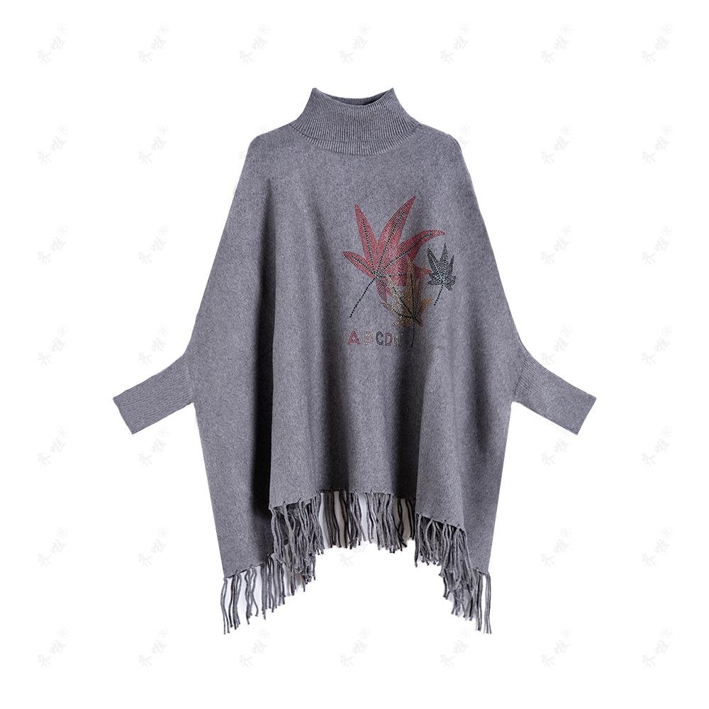 Осень и зима Кленовый лист Горячий бриллиант Свободный большой размер Водолазка свитер Свободный пуловер Бэтмен однотонный трикотажный жакет для женщин average size серый