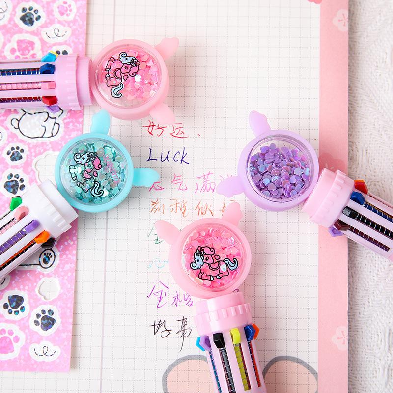 5Pcs/Lot Kawaii Fantasy Rainbow Unicorn Sequins 10 Colors Ballpoint Pen Cute Pony Student Pens School Stationery Office Supplies