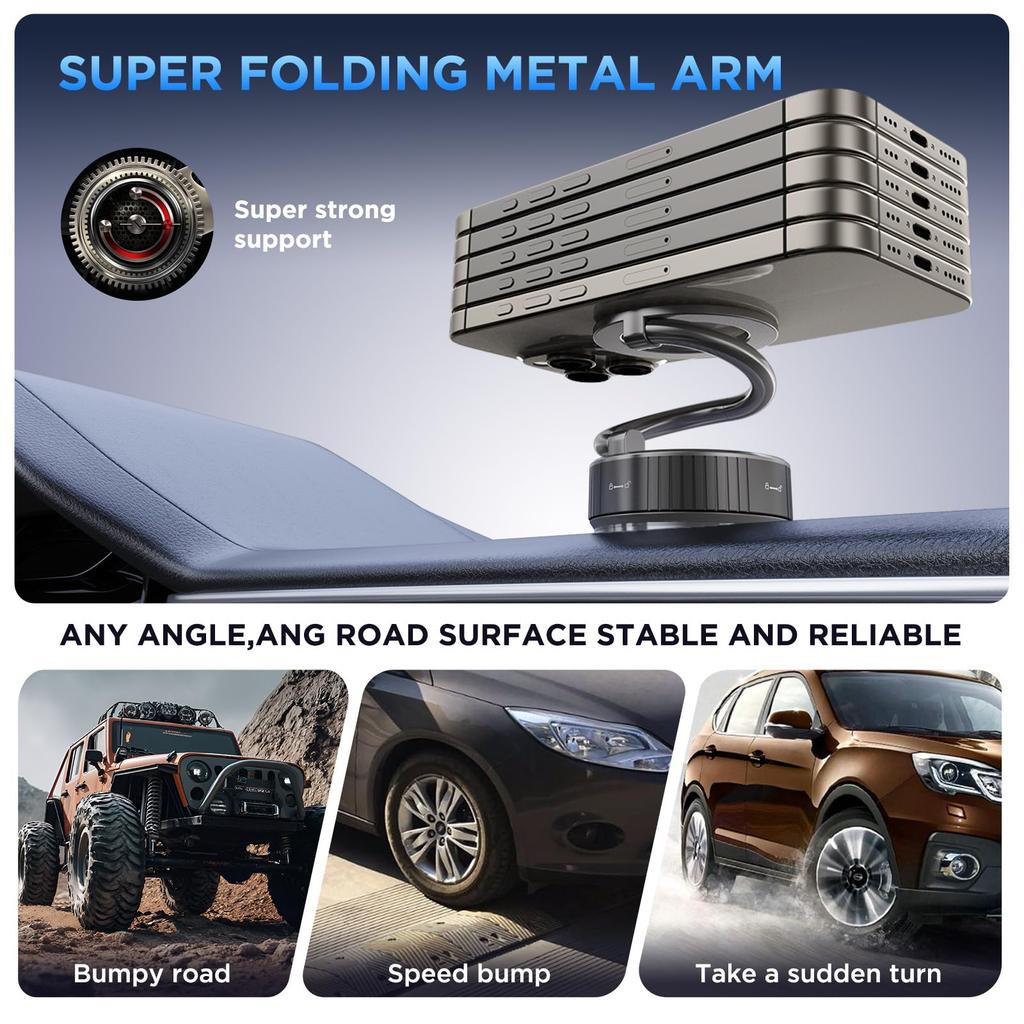 Vacuum Magnetic Phone Holder Stand With Suction Cup - Ultra Long Metal Arm & 360° Adjustable Car Phone Mount For All Smartphones, All Car Models