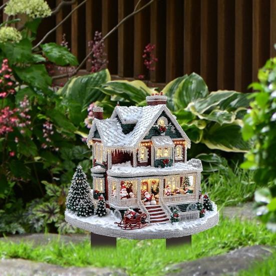 Winter Holiday Gift for Garden Snowy Cottage Stake, Christmas Acrylic Yard Sign, Outdoor Decor Lawn Ornament Decoration Weather Resistant Sign