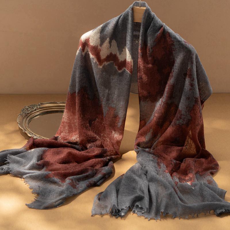 Sunset Series Women's Pure Cashmere Printed Scarf: Autumn/Winter Fashionable Extended Shawl