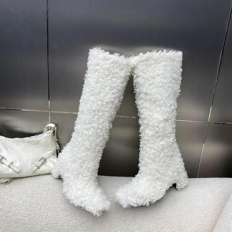 Fashion New Winter Rolled Plush Square Toe Thick Heel Knee High Boots European American Fashion Short Plush Warm High-heel Cotton Boots