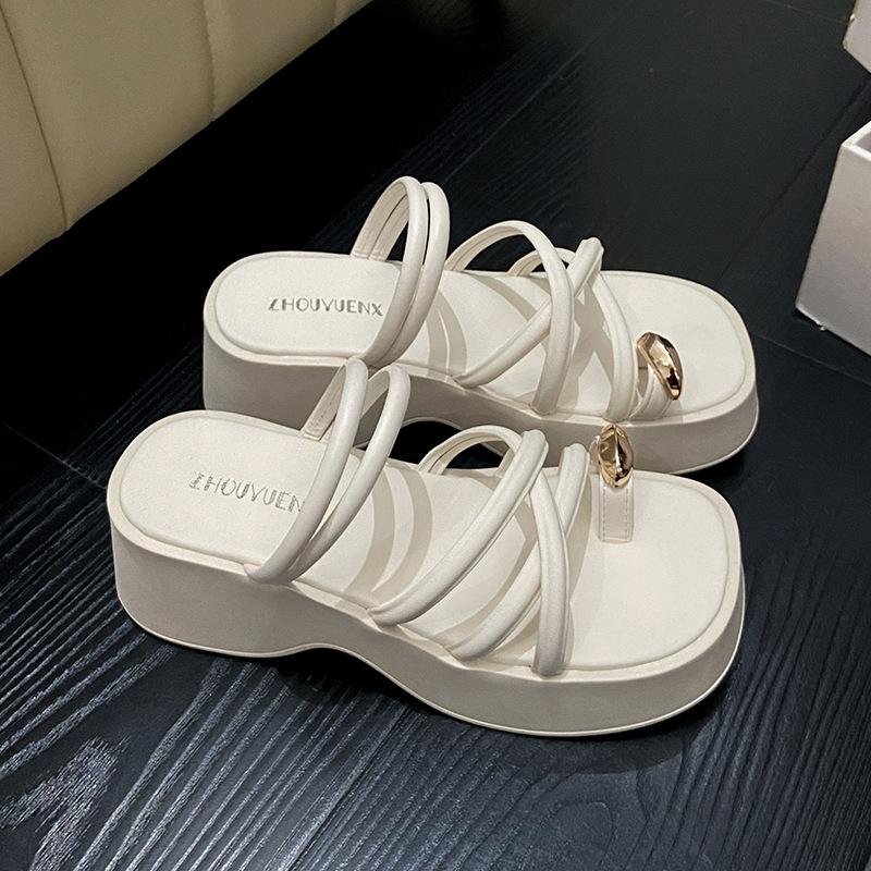 Muffin Thick-soled Toe Flip-flops Shoes for Women's Summer Wear 2025 New Height-increasing Casual Beach Sandals One-word Sandals