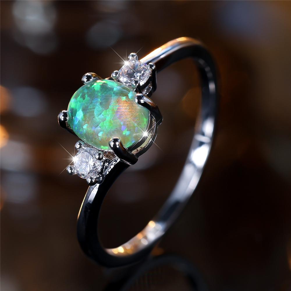 Cute Female Green Opal Round Stone Ring Silver Color Wedding Jewelry Promise Engagement Rings For Women