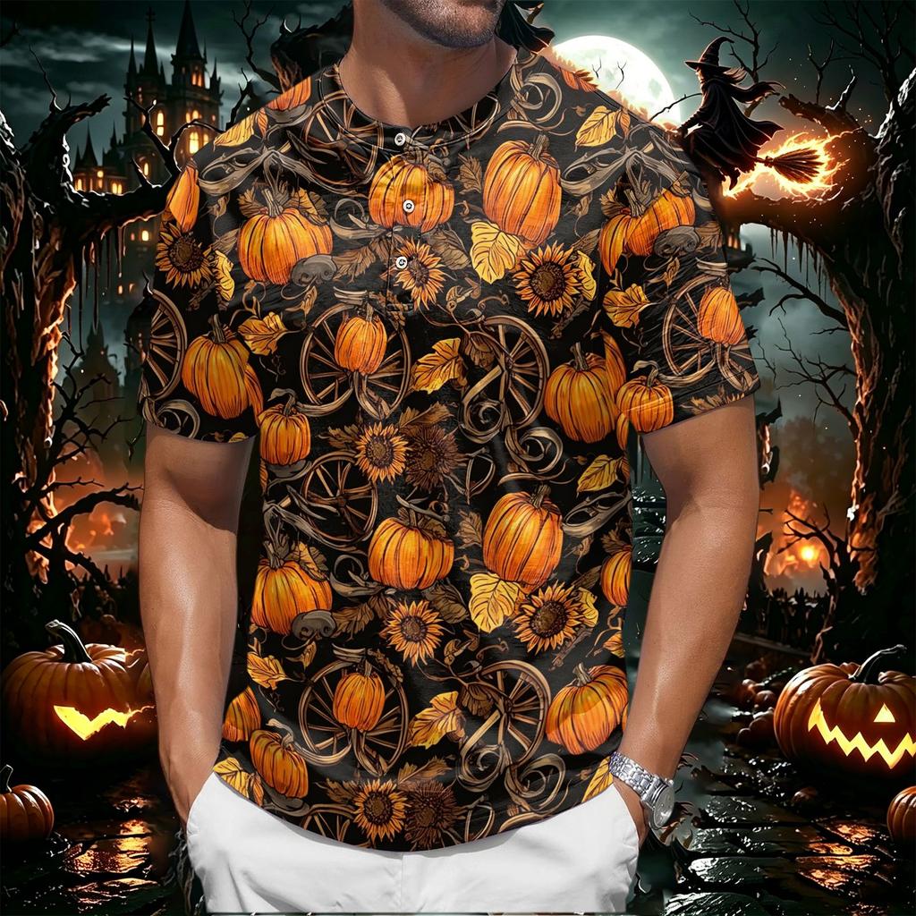 Men's Halloween Print Short Sleeve Henley Shirt Casual Round Neck Button Up Top for Seasonal Wear