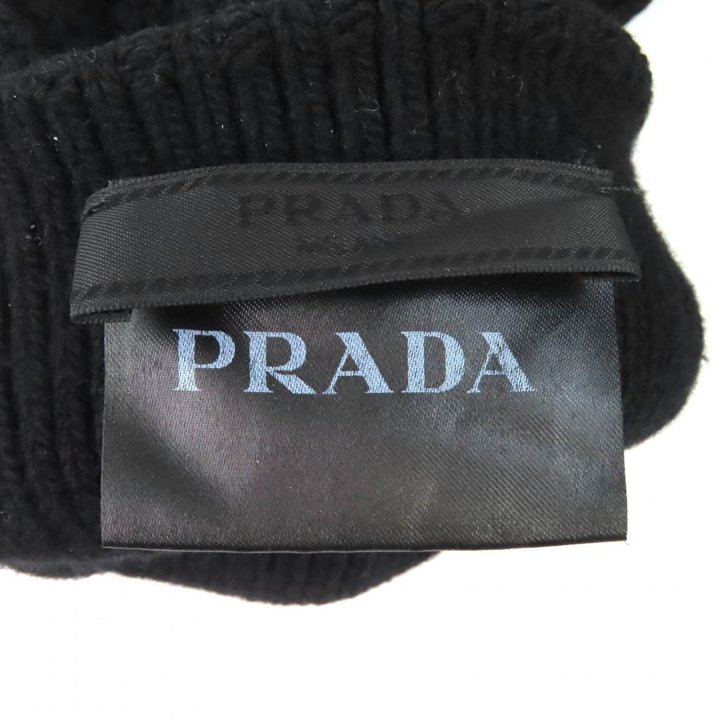 Great PRADA gloves Triangle Rib Knit Gloves with Logo black Virgin wool UMK75 Used