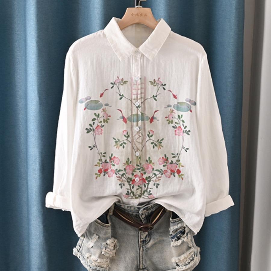 Primavera Otoño Top Blanco Camisas de Hilo de Algodón de Doble Capa Mujer Cuello de Solapa Manga Larga Blusas Estampadas