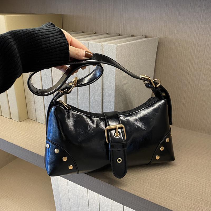 New Designer Buckle Armpit Bag Vintage Y2k Rivet Shoulder Bag Gothic Pu Leather Spicy Girl Hobo Handbag For Women